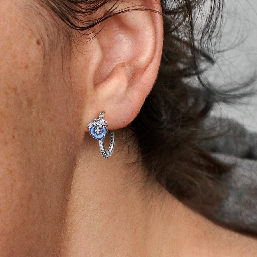 Blue Pansy Flower Hoop Earrings | Sterling silver | Pandora TH