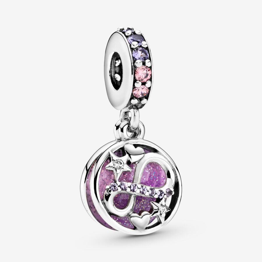 Infinity sterling silver dangle with purple and pink crystal, clear cubic zirconia, pink, lavender and silvery glitter enamel image number 0
